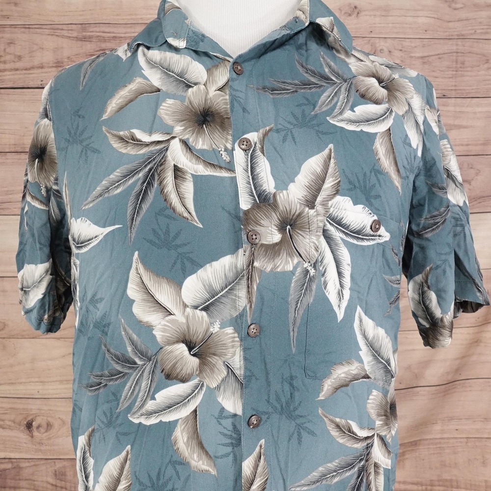 Batik Bay Shirt Mens Large Tall Blue Rayon Hawaiian Aloha Floral Short Sleeve